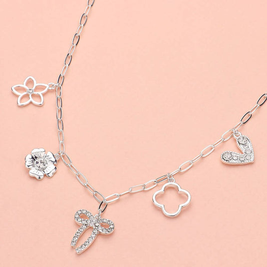 Lennox Rhinestone Bow Charm Silver Necklace