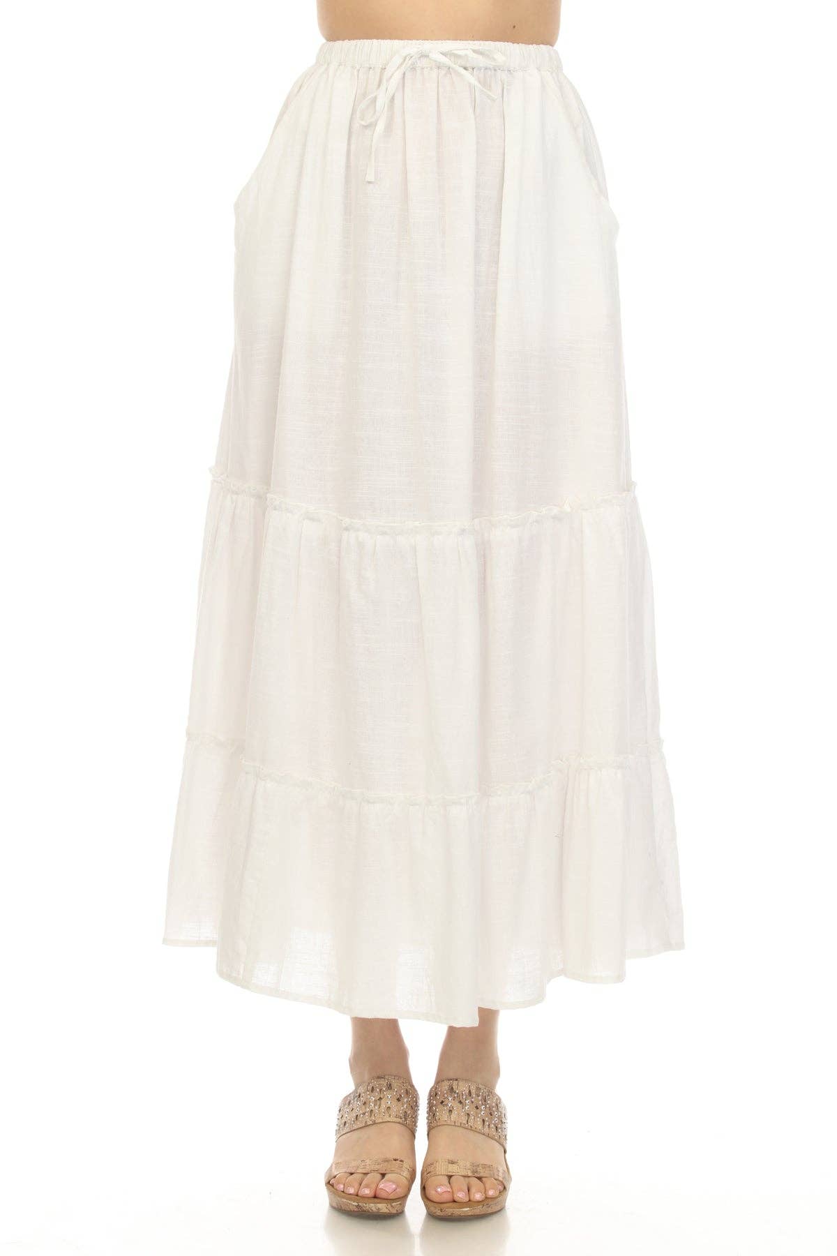 Dakota Linen Drawstring Ivory 3-Tier Prairie Skirt