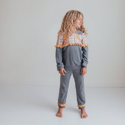 Girls Ruffle Flower Hoodie Pant Set