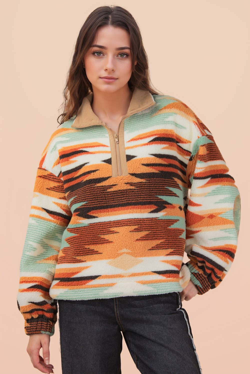 Aztec Quarterzip Fuzzy Tan Pullover