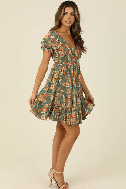 Mirella Sage & Orange Floral Tiered Dress