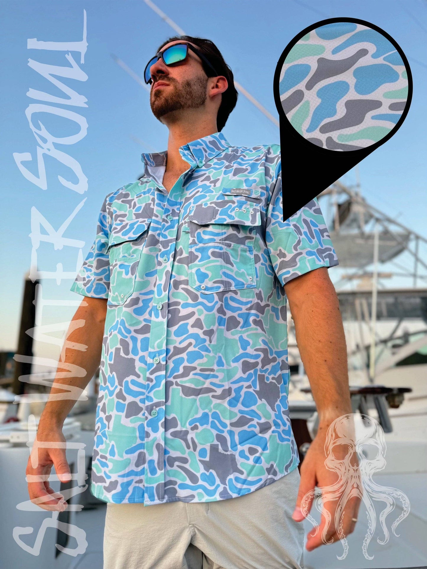 Mens Salt Water Soul TX Fishing Coastal Camo Shirt