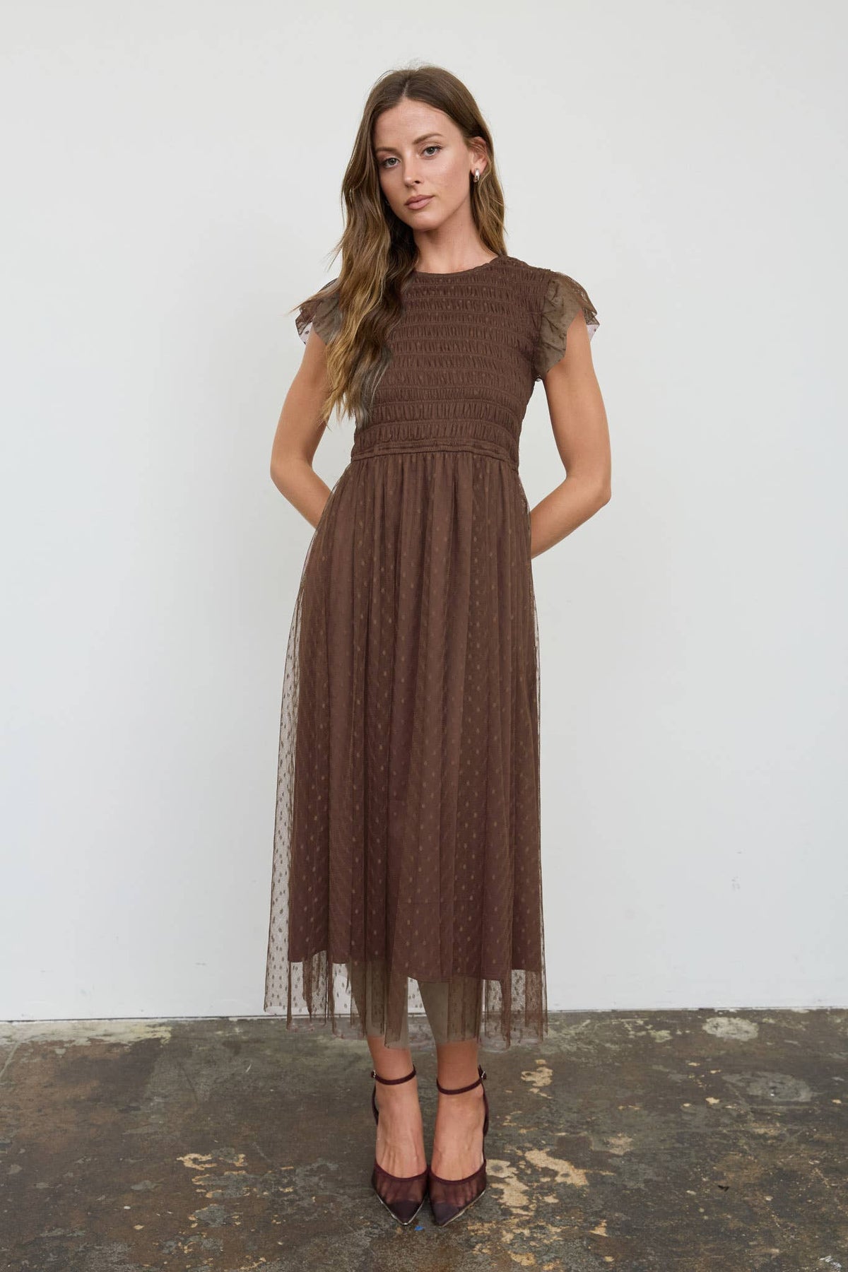 Amarena Swiss Dot Brown Midi Dress