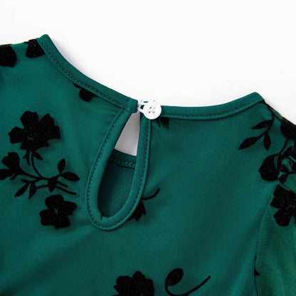 Girls Green & Black Floral Tulle Dress