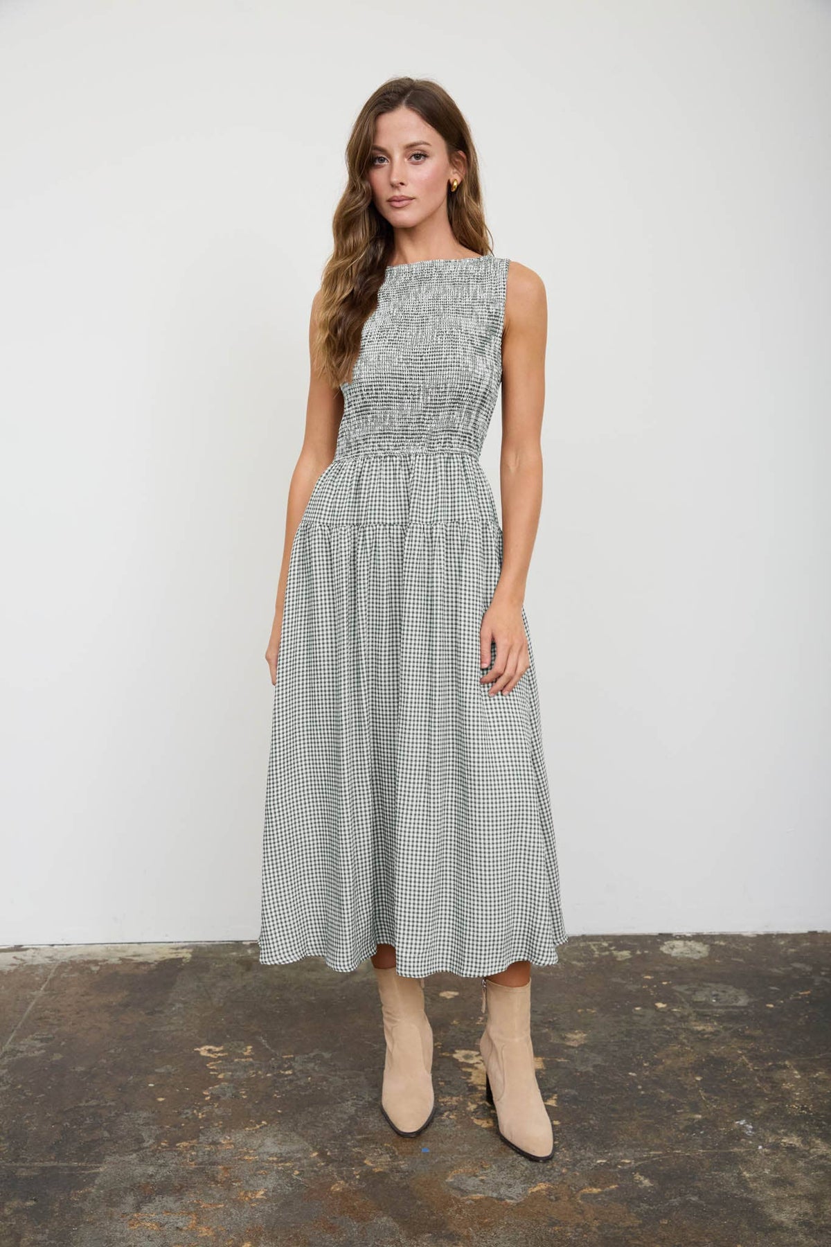 Amelia Gingham Smocked Green Midi Dress