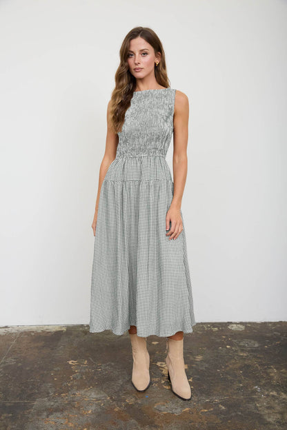 Amelia Gingham Smocked Green Midi Dress