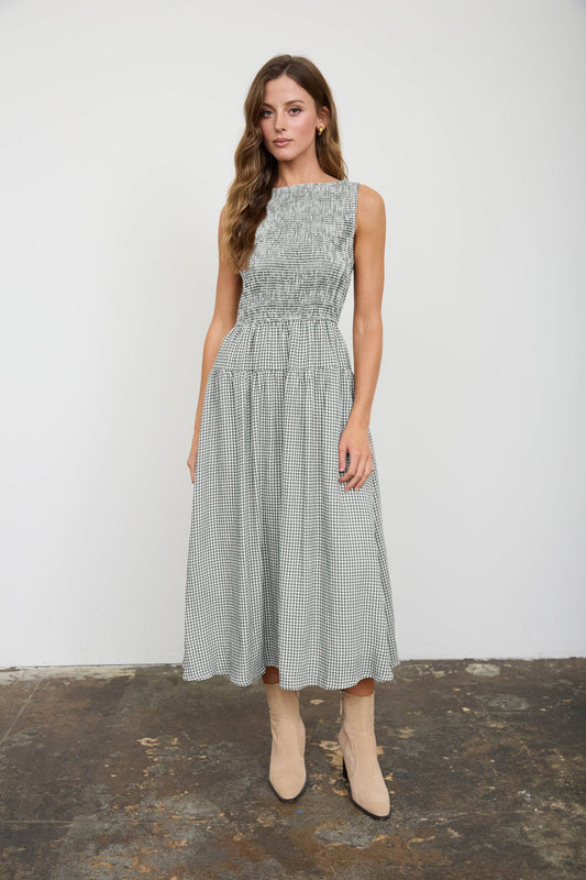 Amelia Gingham Smocked Green Midi Dress