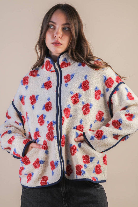 Danielle Floral Sherpa Ivory & Red Jacket