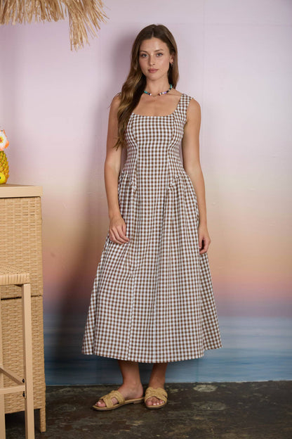Charlotte Gingham Midi Brown Dress
