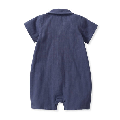 Baby Boys Burt's Bees Gauze Collared Navy Romper