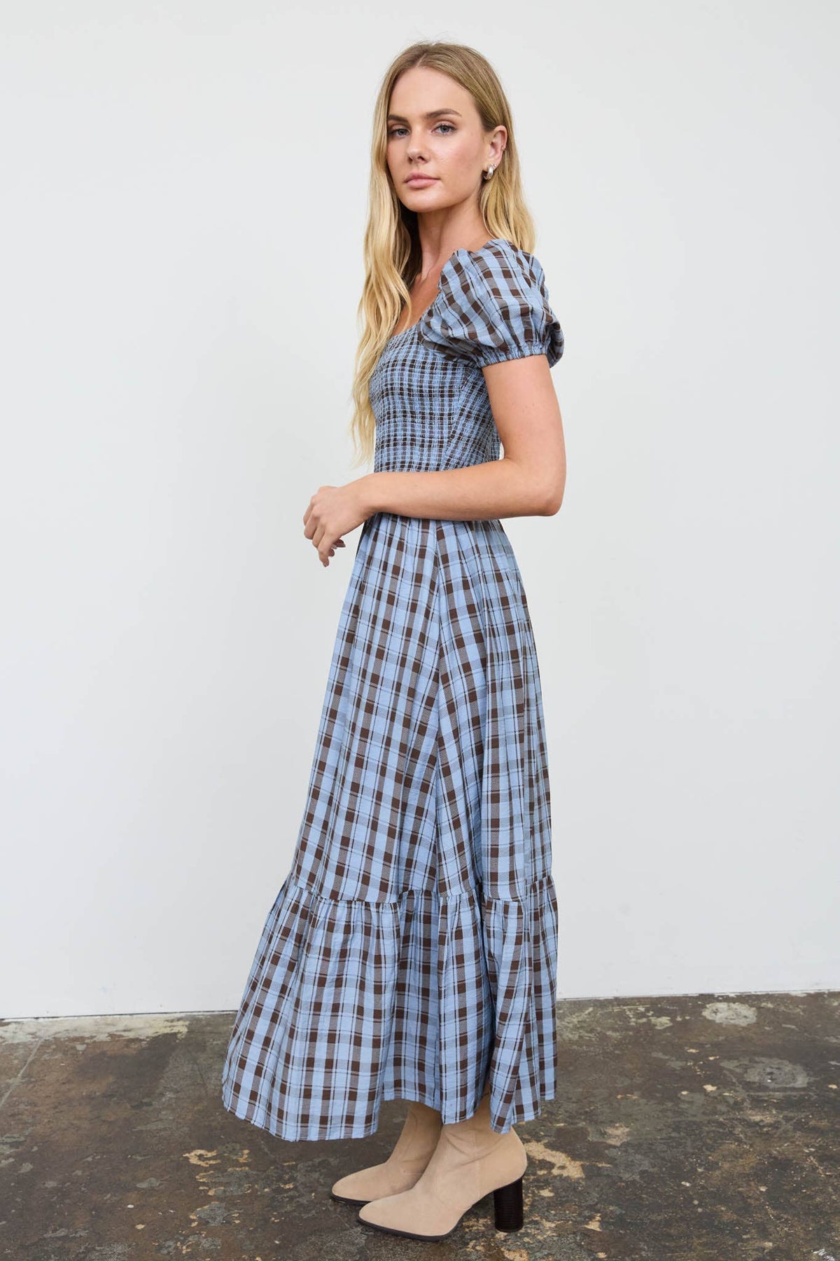 Della Plaid Blue Midi Dress