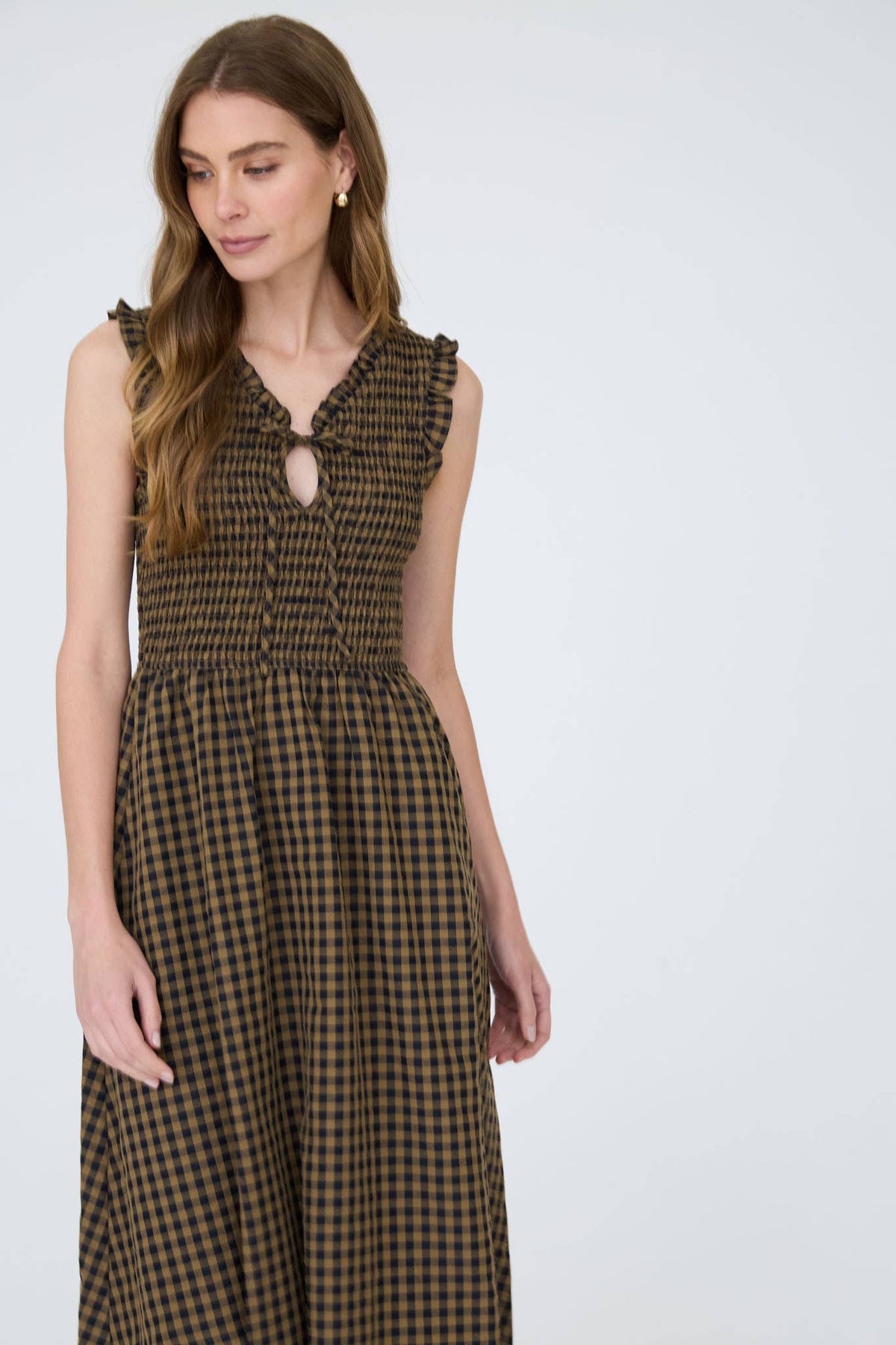 Ruthie Plaid V-neck Mustard Midi Dress