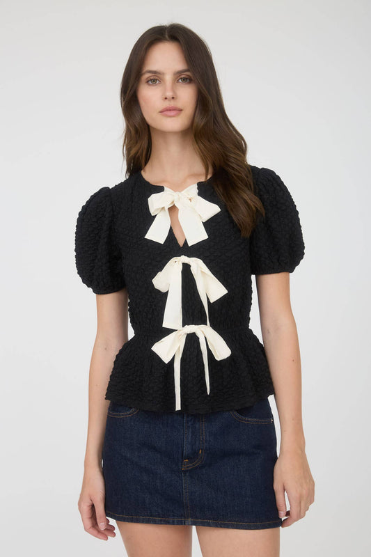 Jenna Peplum Bow Black Top