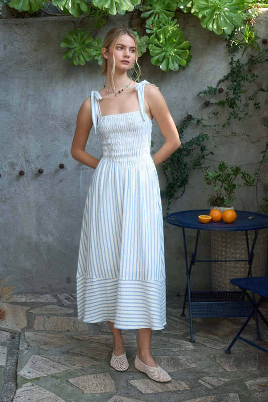 Lume Striped Smocked Midi Blue Dress