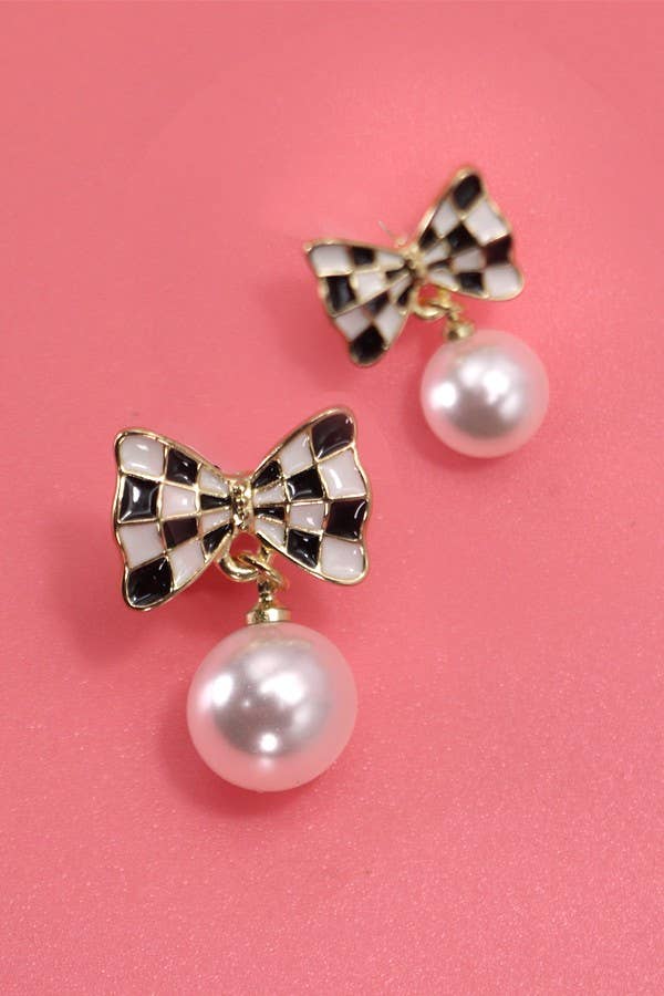 Evangeline Checkered Bow Pearl Dangle Earrings