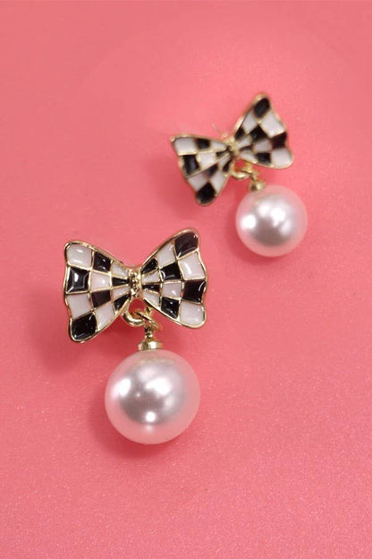 Evangeline Checkered Bow Pearl Dangle Earrings
