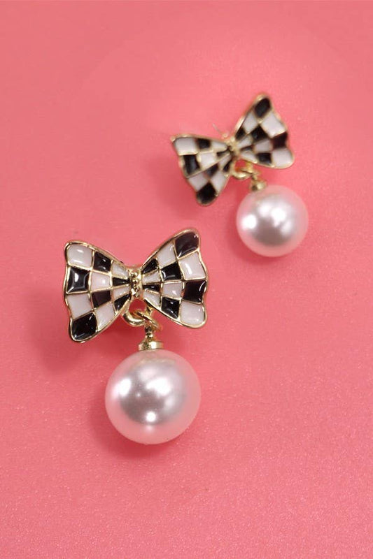 Evangeline Checkered Bow Pearl Dangle Earrings