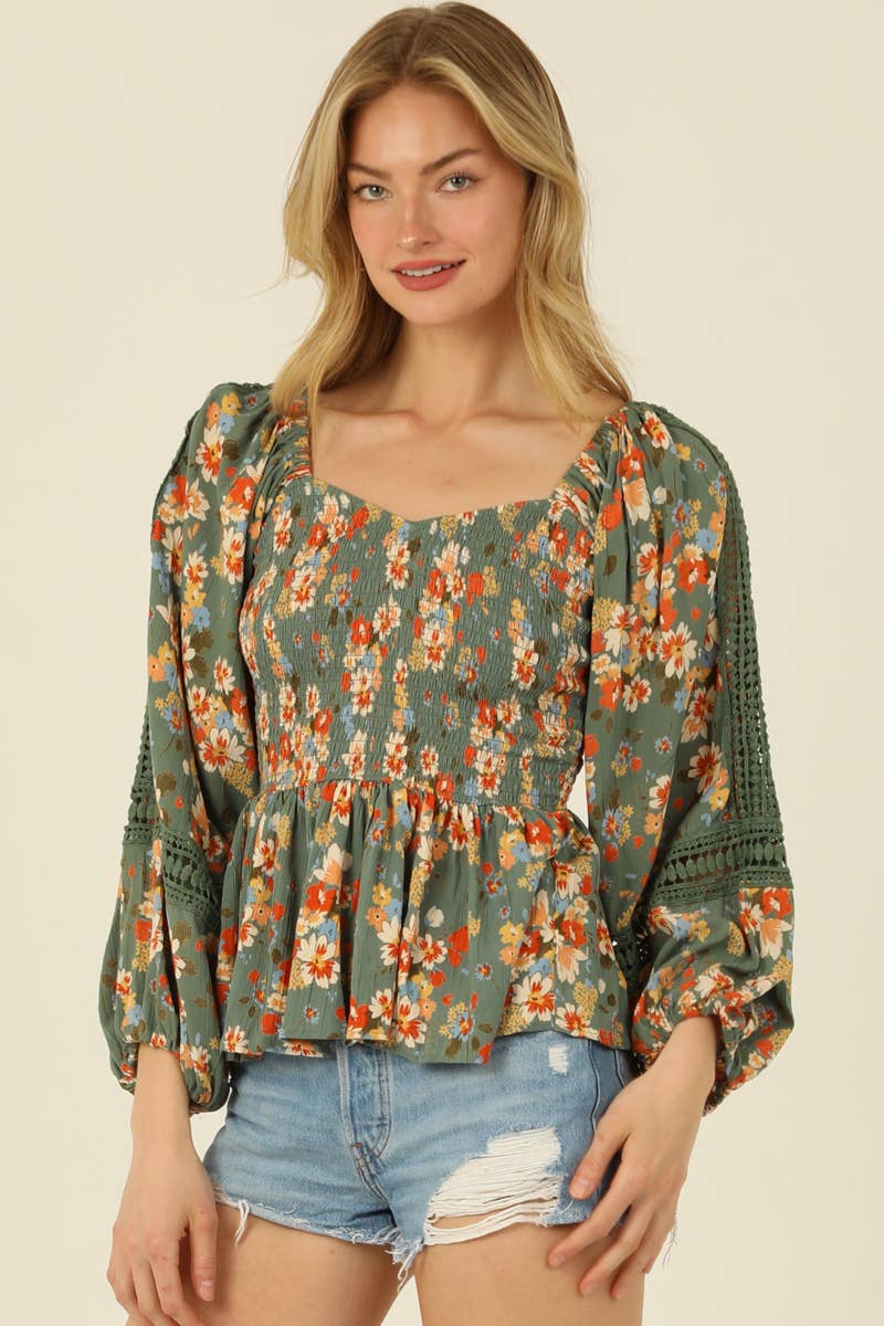 Mirella Sage & Orange Floral Smocked Blouse