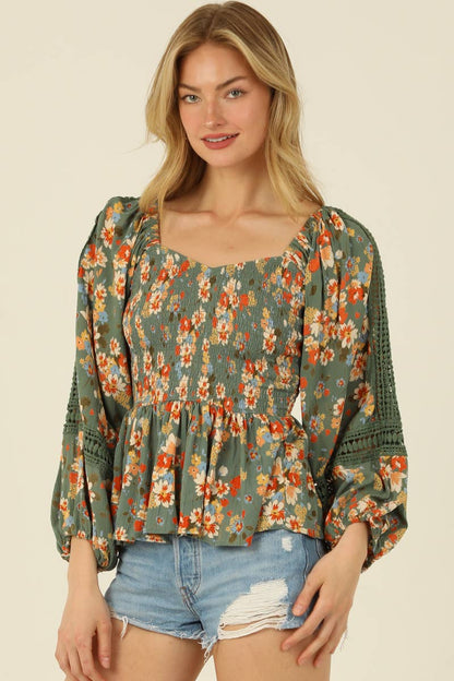 Mirella Sage & Orange Floral Smocked Blouse