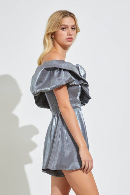 Priscilla Metallic Ruffle Off Shoulder Gunmetal Romper