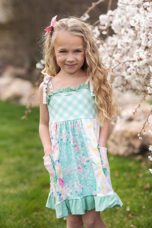 Girls Mint Gingham Pocket Dress