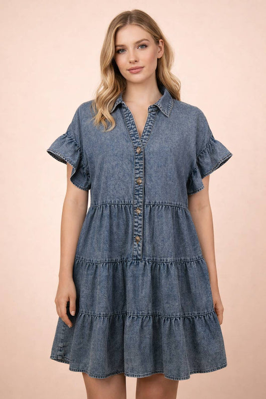 Vallie Chambray Tiered Mini MW Dress