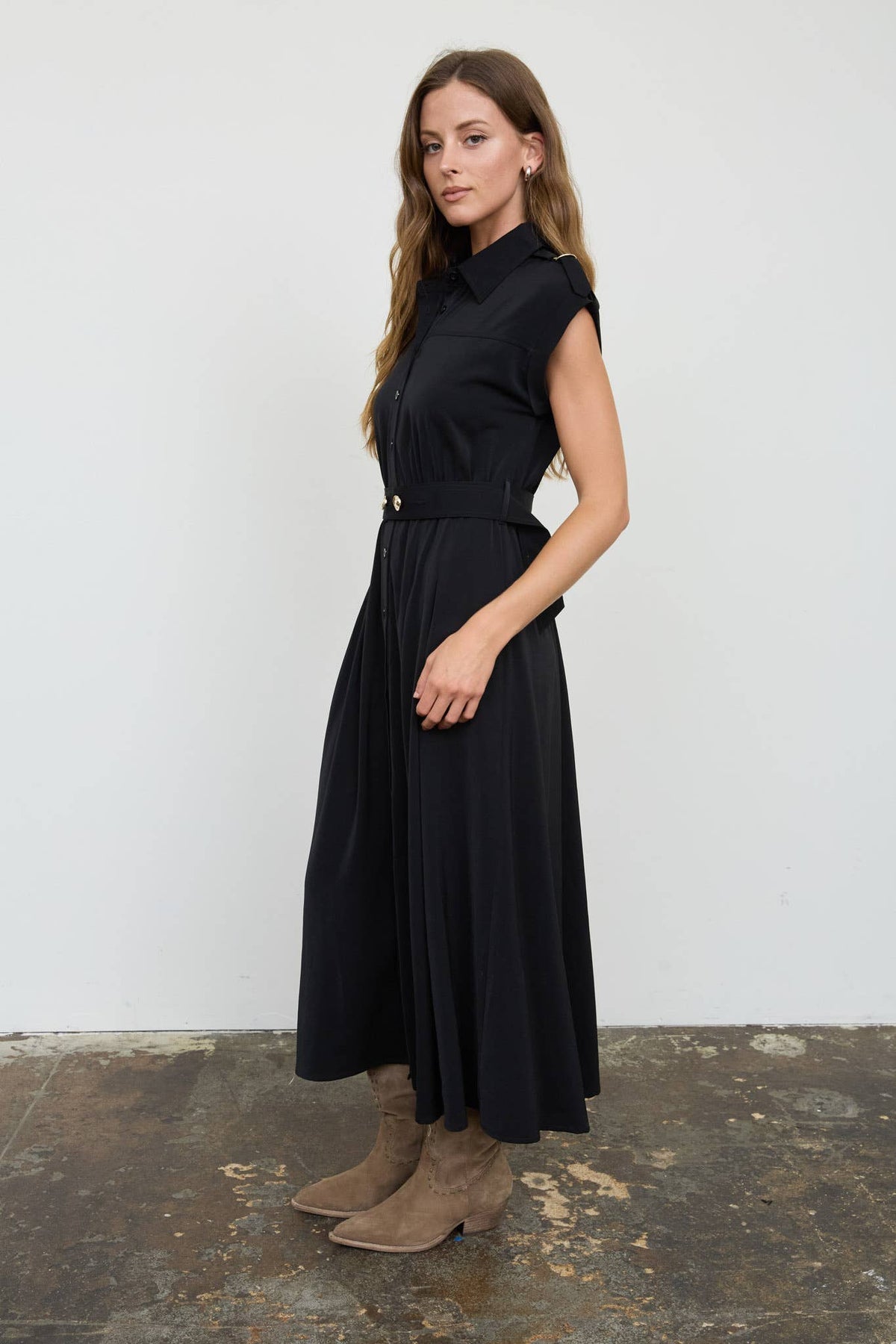 Nelle Belted Buttondown Black Midi Dress