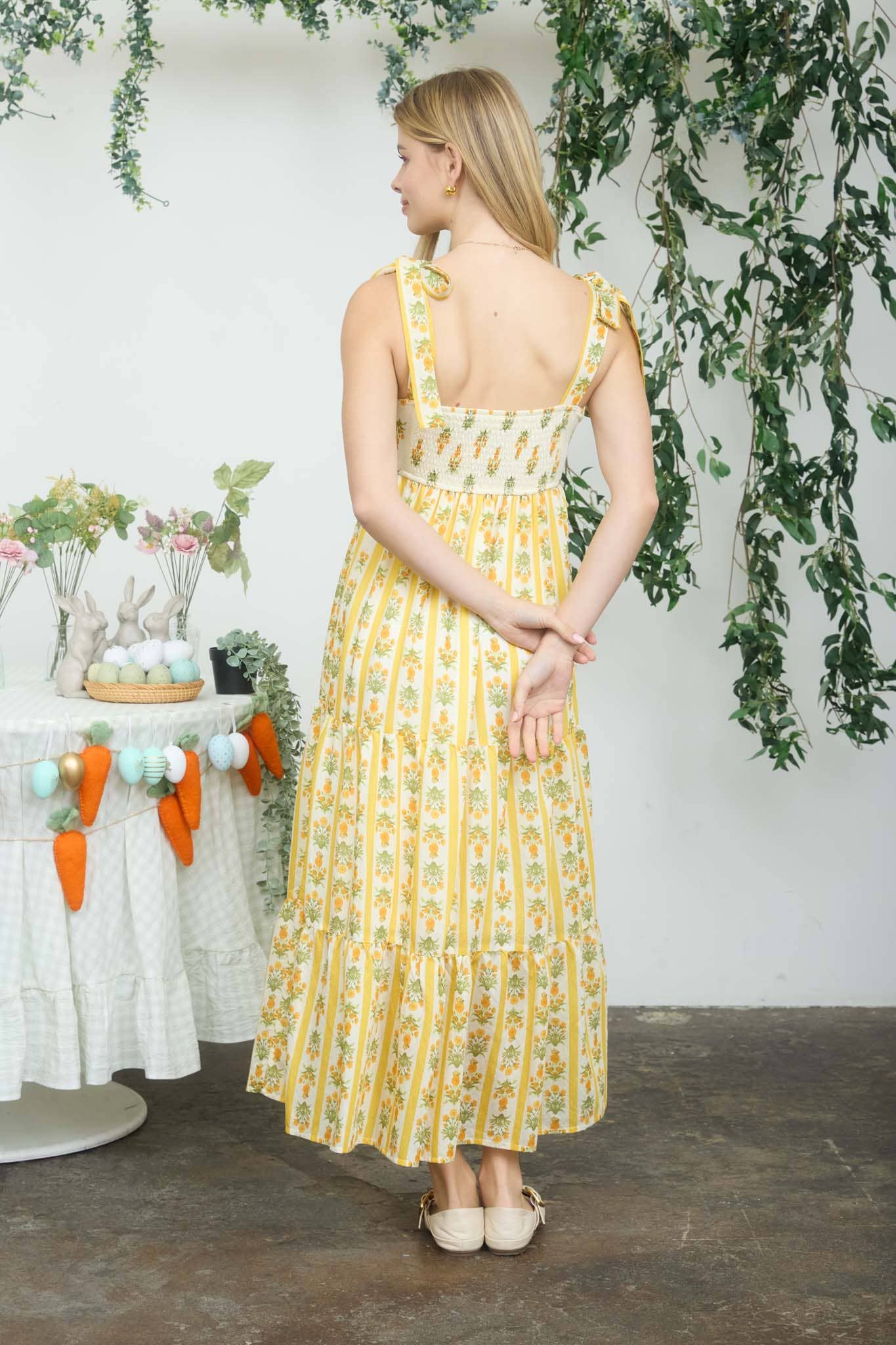 Fenrin Floral Stripe Tiered Midi Yellow Dress