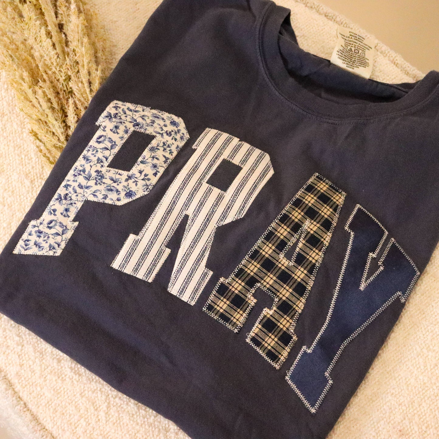 Pray Embroidered Patchwork Navy Tee