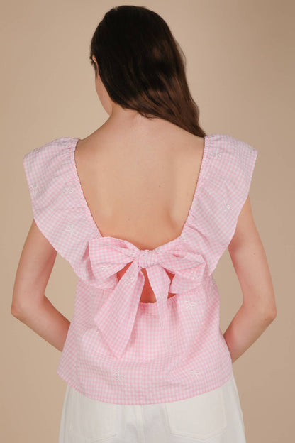 Emmy Gingham Bow Embroidered Blouse