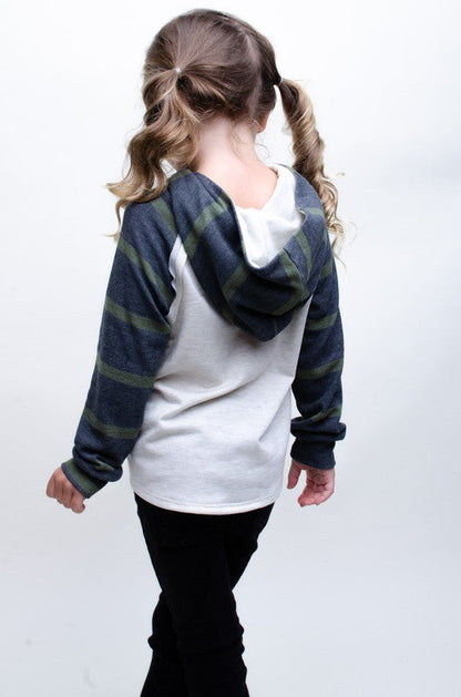 **SALE!** Girls Black & Olive Stripe Sleeve Hoodie